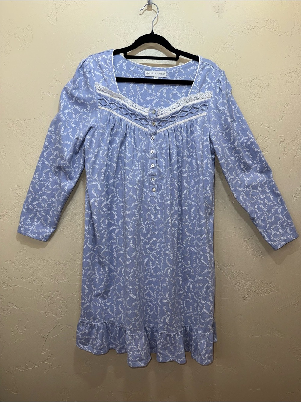 Eileen West Blue Leaf-Print Traditional Nightgown with White Lace Rouched Trim S